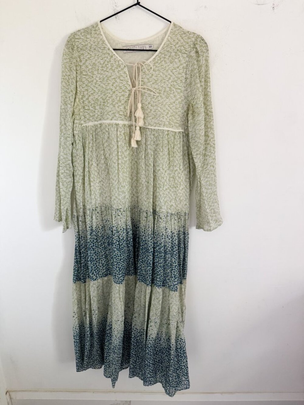 Christy Dawn Green Navy Tiered Tassel Tie Maxi Dress XS/S